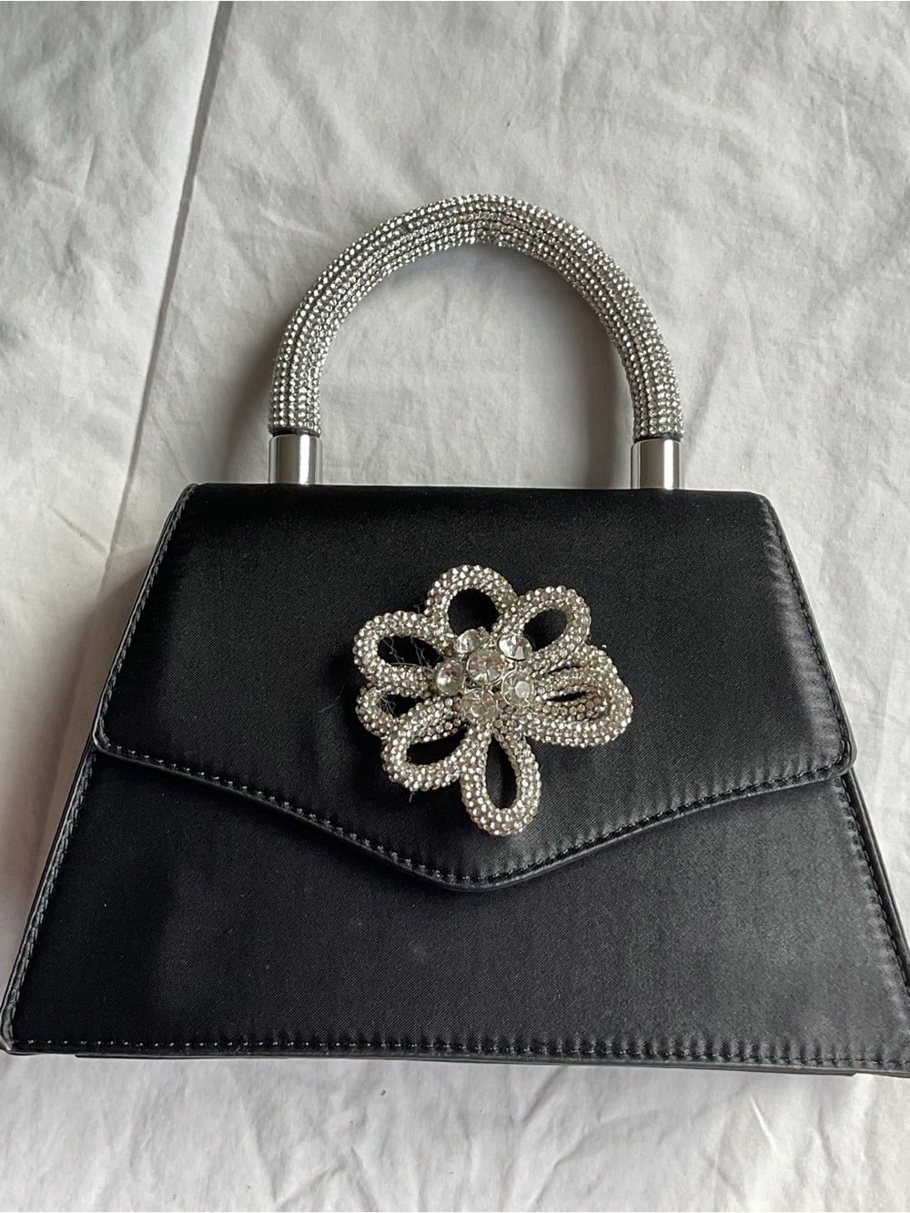 Call It Spring Black Satin Mini Top-Handle Bag with Crystal Flower